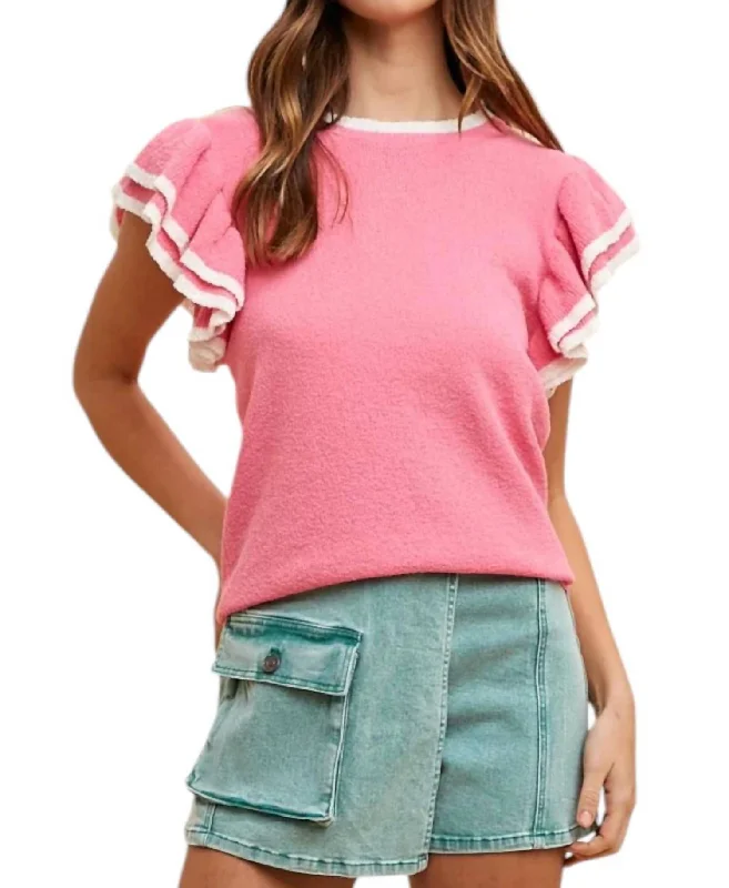 Ruffle Sleeve Sweater Top In Hot Pink