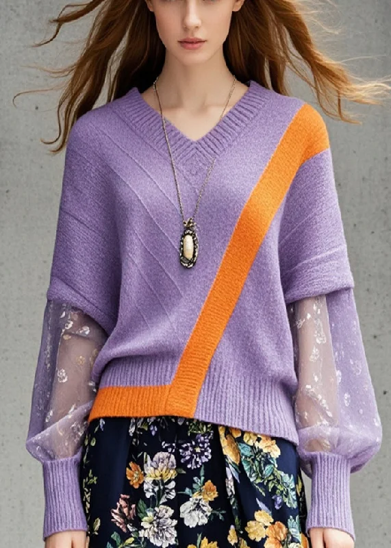 Women Lavender V Neck Patchwork Knit Sweater Tops Fall