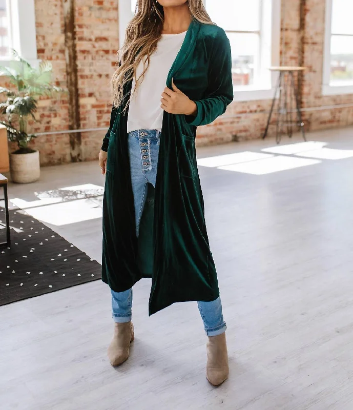 Eve Velvet Long Cardigan In Green