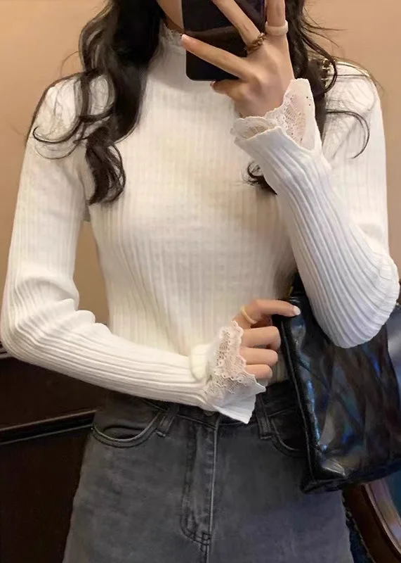 Women White Solid Lace Patchwork Knit Sweaters Fall