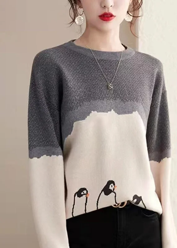 Boutique Photo Color O-Neck Print Cotton Knit Sweaters Fall