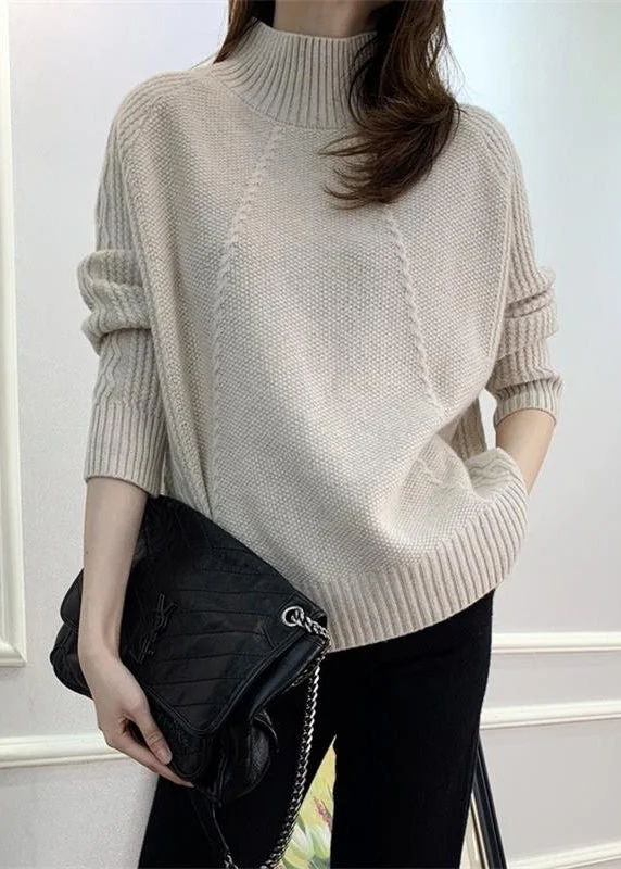 Beige Solid Cozy Knit Fall Sweaters Turtleneck