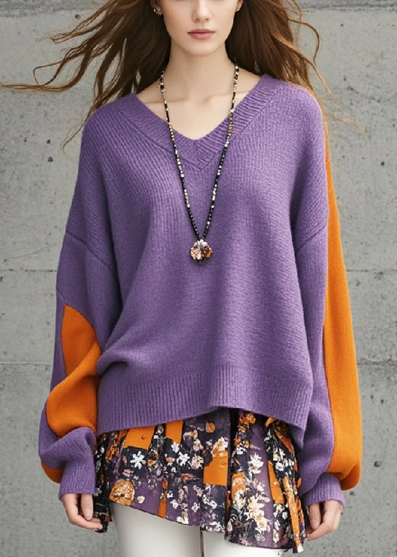 Loose Purple Asymmetrical Patchwork Knit Sweater Fall