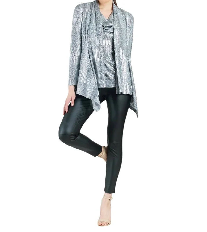 Shimmer Lamé Drape Cardigan & Cowl Tank Twinset In Silver