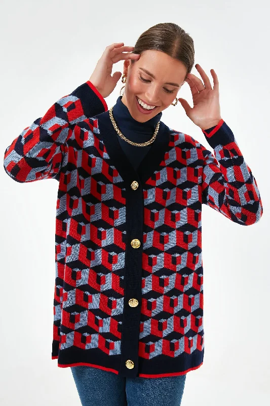 Navy and Red Geometric Lauren Cardigan