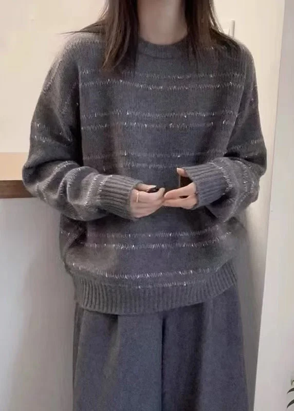 Women Dark Grey O-Neck Striped Wool Knit Sweater Fall