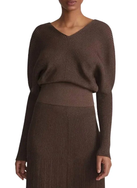 Finespun Voile Ribbed Blouson Sweater In Wood Metallic