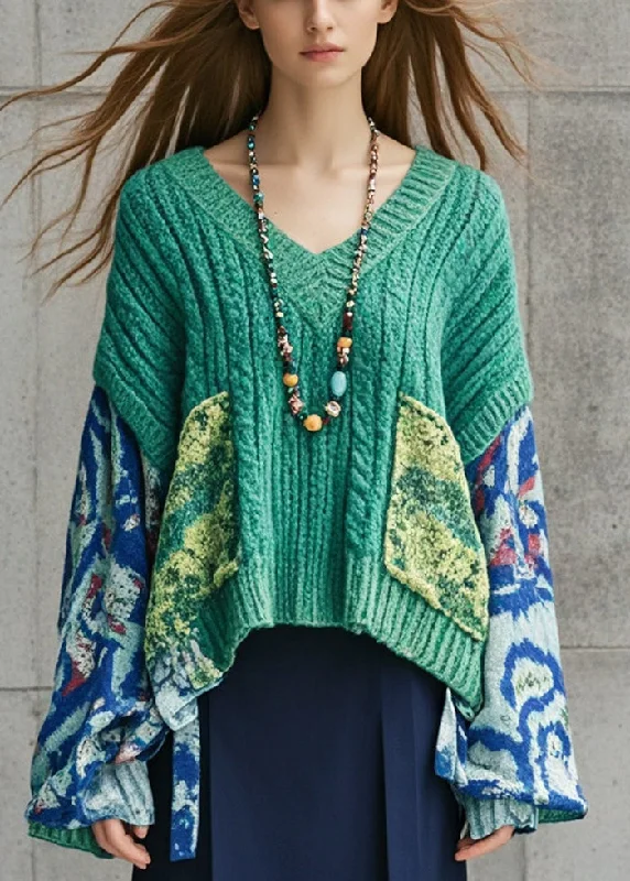 Plus Size Lake Green Oversized Patchwork Knit Sweater Fall