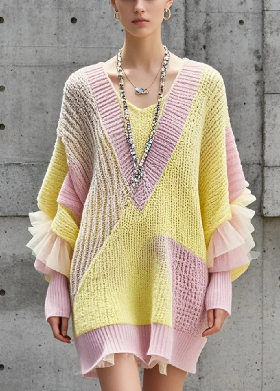 Beautiful Colorblock Oversized Patchwork Long Sweater Batwing Sleeve