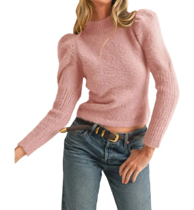 Mock Neck Puff Shoulder Mohair Sweater In Pink