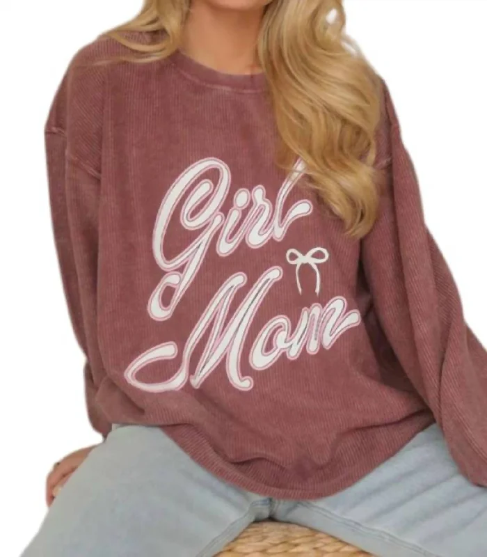 Girl Mom Cord Sweater In Maroon