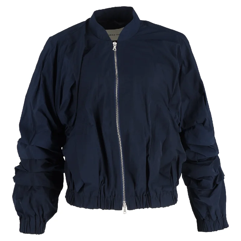 Dries Van Noten Ruffled Deconstructed Bomber Jacket In Navy Blue Satin