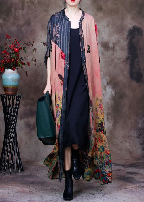 Elegant Colorblock Stand Collar Pockets Patchwork Silk Trench Coats Long Sleeve