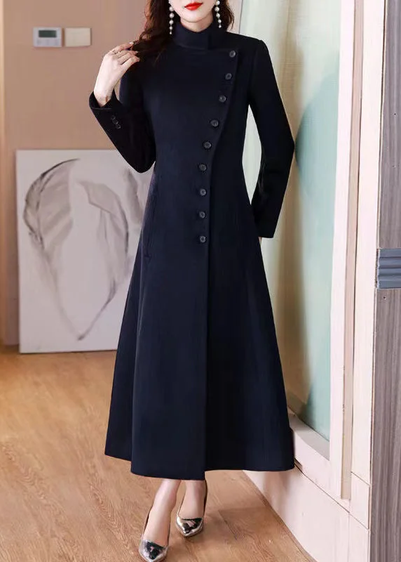 Elegant Navy Peter Pan Collar Button Woolen Long Coat Winter