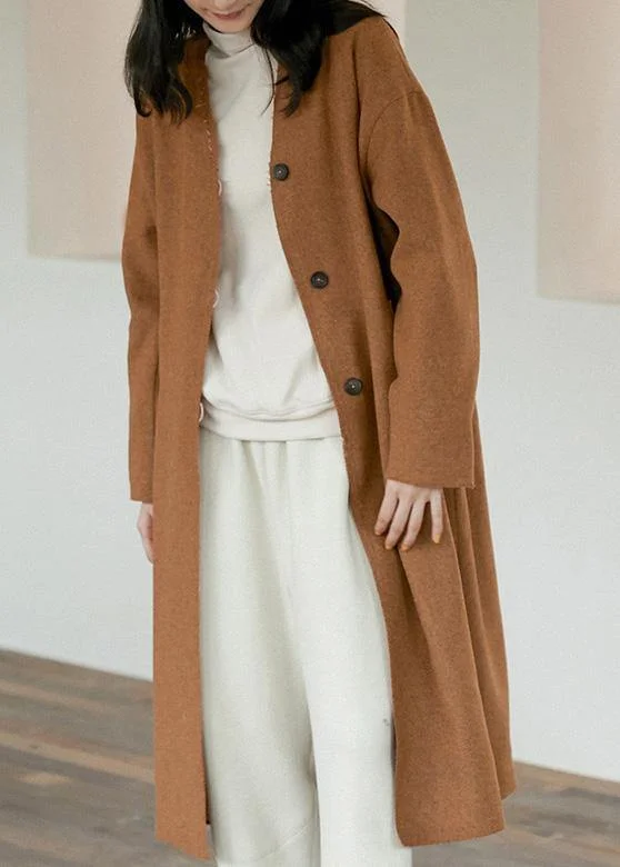 Elegant Oversize Trench Coat Women Brown V Neck Pockets Wool Coat