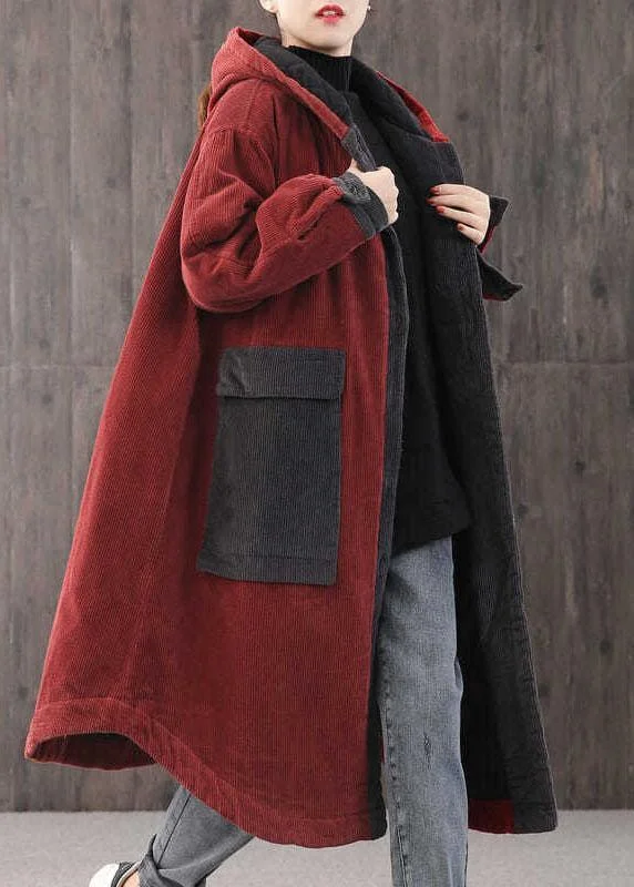 Elegant Red hooded Pockets Button Winter Coat Long sleeve