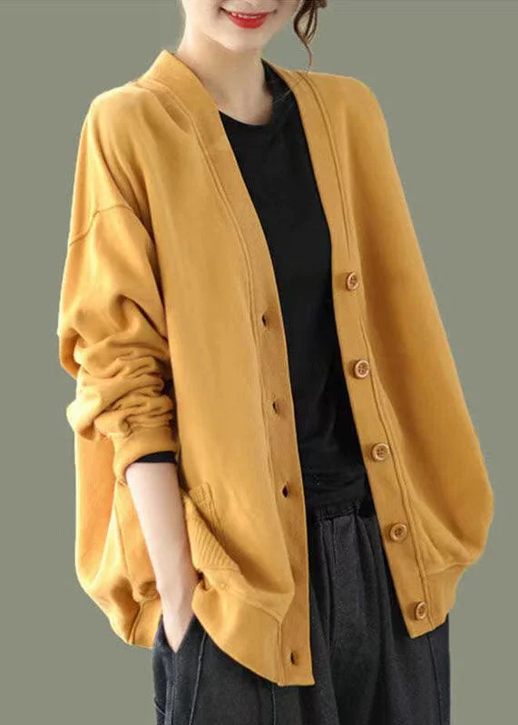 Elegant Yellow V Neck Button Patchwork Warm Fleece Sweatshirt Coat Fall