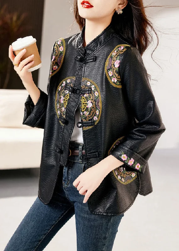 Fashion Black Stand Collar Embroideried Button Faux Leather Coats Fall