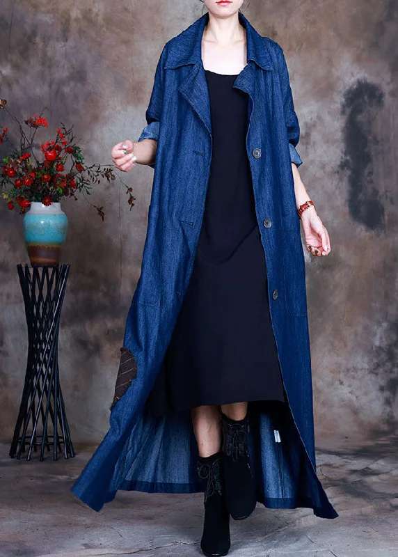 Fashion Blue button tie waist Peter Pan Collar Cotton denim trench coats Spring