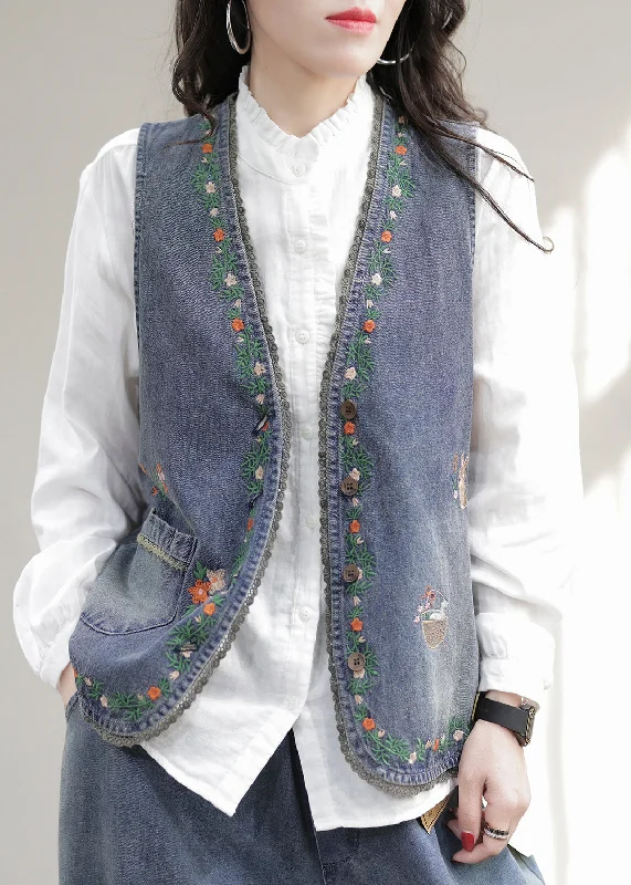 Fashion Blue V Neck Embroideried Patchwork Denim Waistcoat Sleeveless