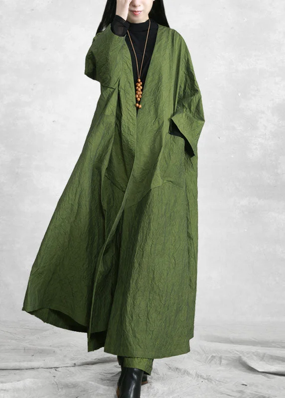 Fashion Green V Neck Pockets Trench Coats And Wide Leg Pants Two Pieces Set Spring