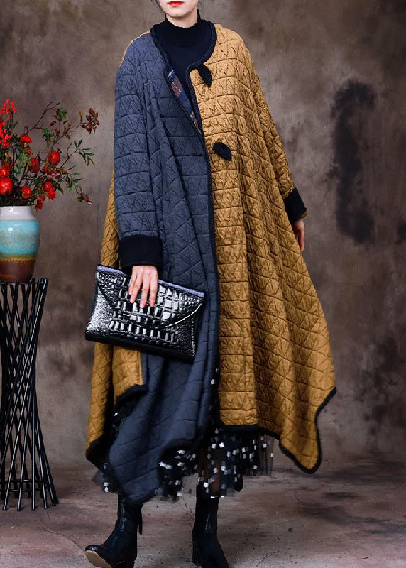 Fashion Grey Yellow Asymmetrical Pockets Patchwork Fine Cotton Filled Winter Coats Winter