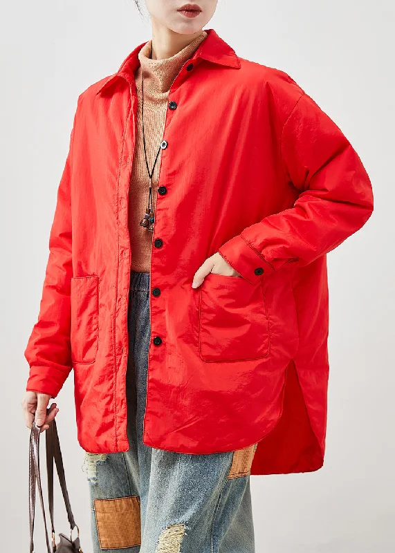 Fashion Red Oversized Low High Design Fine Cotton Filled Jacket In Winter