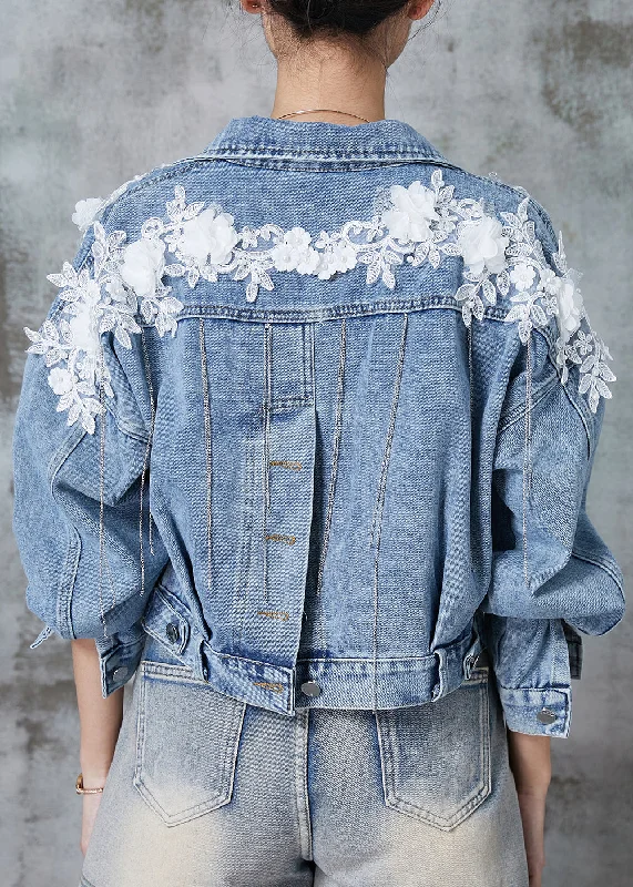 Fine Blue Tasseled Patchwork Lace Flower Denim Short Coats Spring