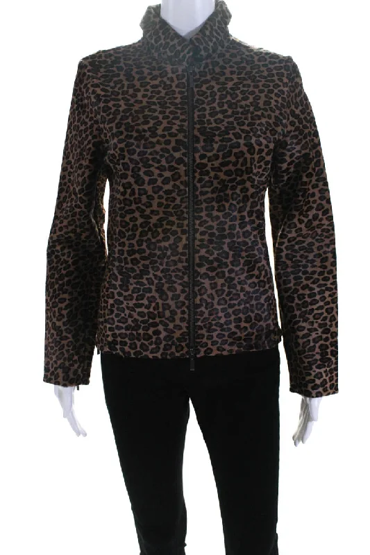 In Transit  Womens Animal Print Pony Hair Zip Up Coat Brown