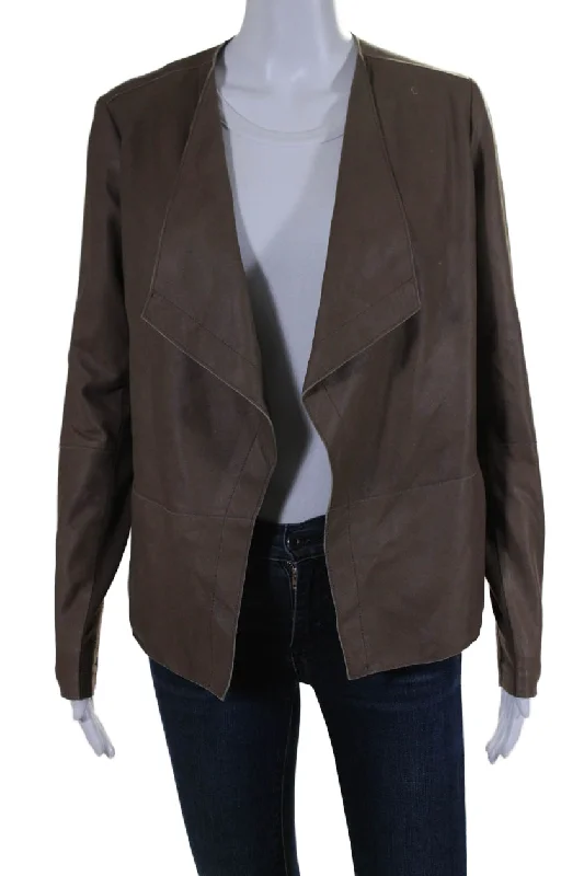 Vince Womens Leather Ribbed Trim Open Front Jacket Brown