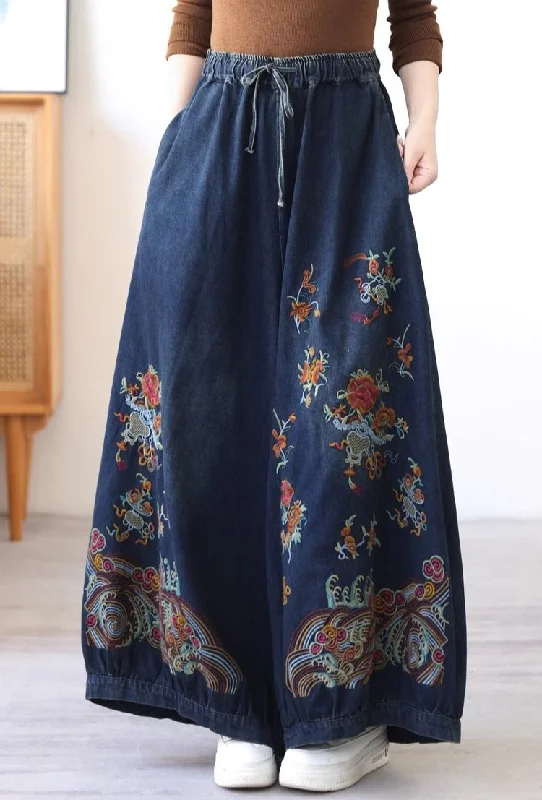 Women Retro Ethnic Style Embroidered Wide- Leg Jeans