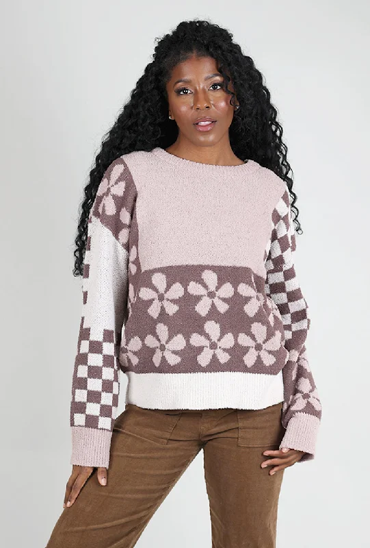 Colorblock Bloom Sweater, Pink/Brown