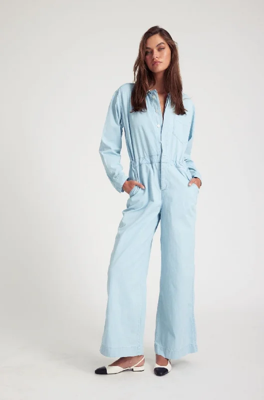 Light Blue Chambray Wide Leg Jumpsuit