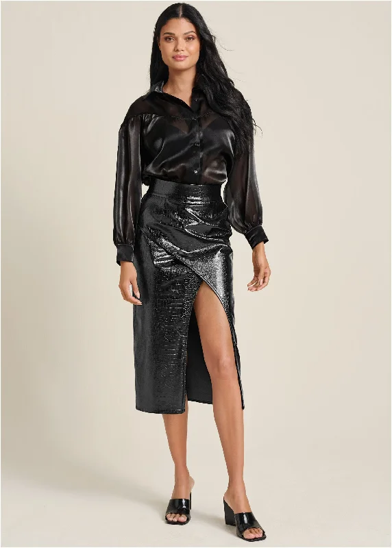 Faux-Croc Wrap Skirt  - Black