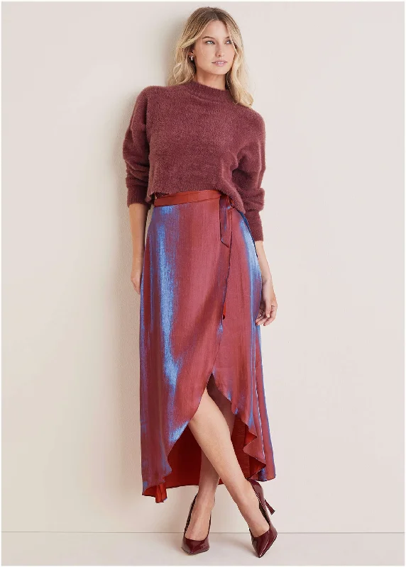 Lamé Wrap Maxi Skirt - Burgundy Lame