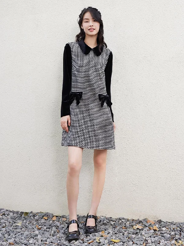 Woolen Houndstooth Bowknot Peter Pan Collar Mini Dress