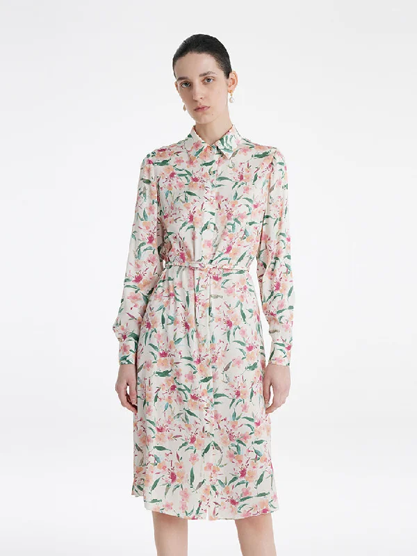 19 Momme Mulberry Silk Floral Print Women Midi Shirt Dress With Belt