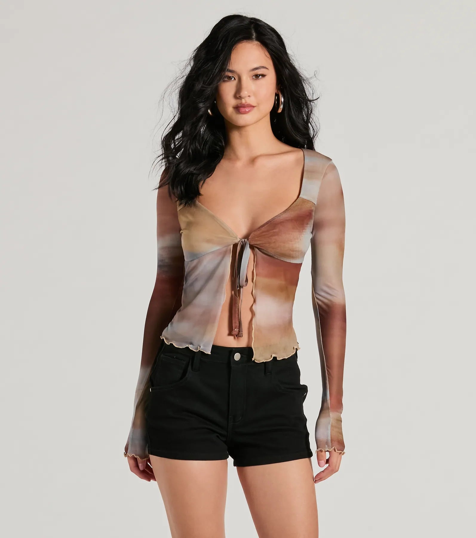 Dreamy Watercolor Mesh Tie-Front Top