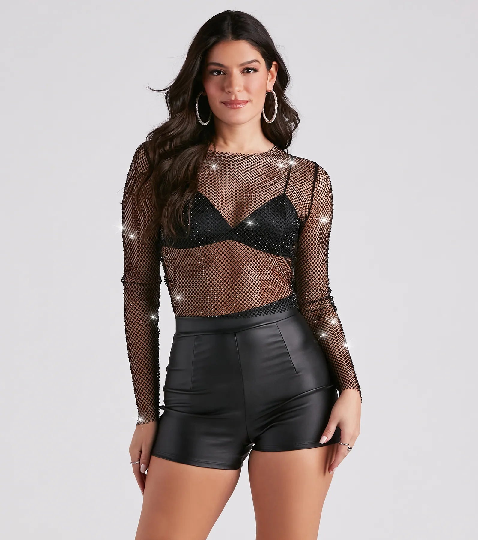 Edgy Glam Girl Rhinestone Fishnet Top