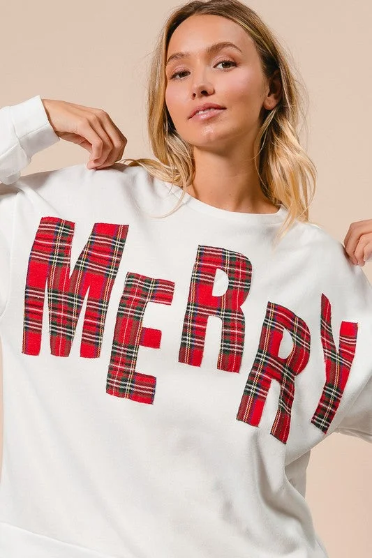 MARY PLAID MERRY LETTERING CHRISTMAS FLEECE PULLOVER S-XL