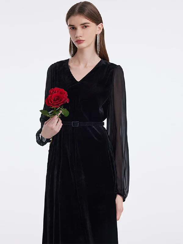 Silk Blend Patchwork V-Neck Women Midi Velvet Dress With Belt