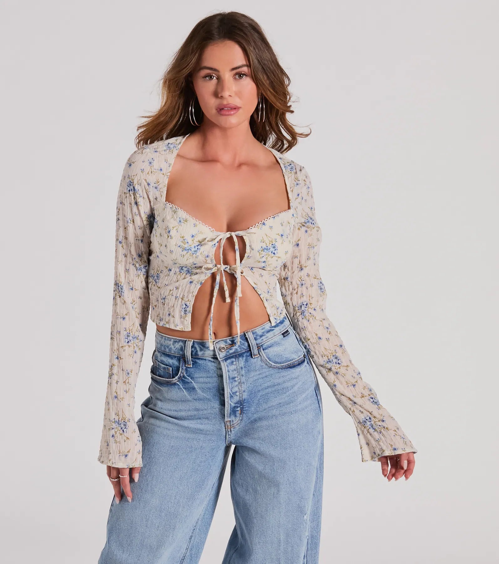 Sweetness Blend Long Sleeve Floral Tie-Front Top